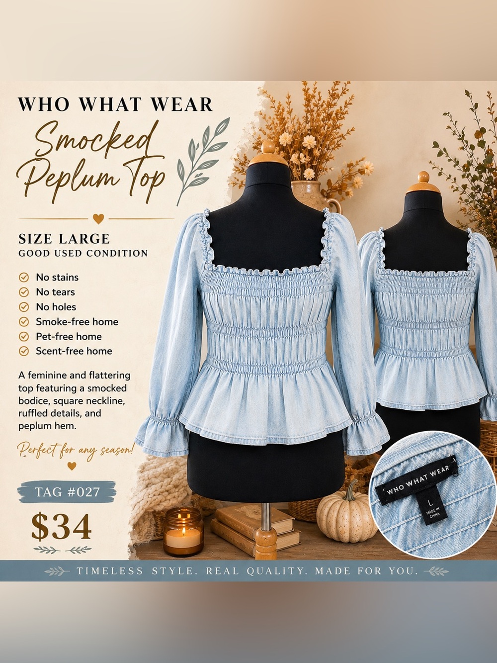 Who What Wear Light Blue Smocked Peplum Blouse